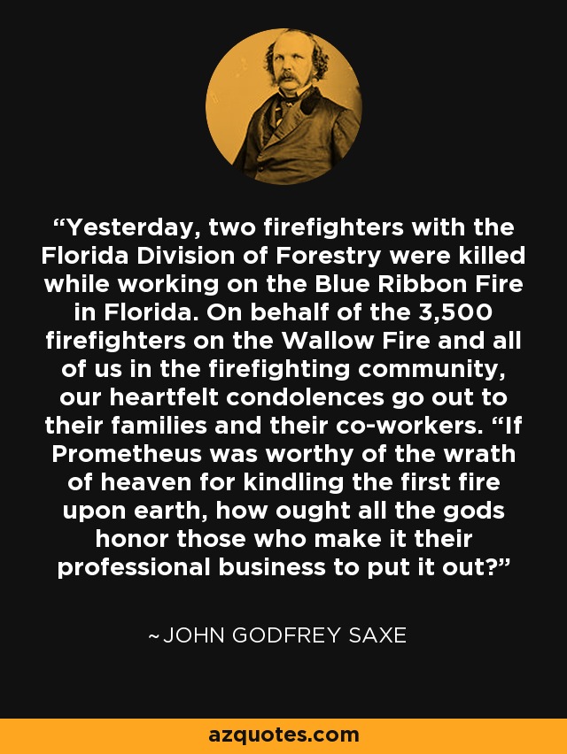 Yesterday, two firefighters with the Florida Division of Forestry were killed while working on the Blue Ribbon Fire in Florida. On behalf of the 3,500 firefighters on the Wallow Fire and all of us in the firefighting community, our heartfelt condolences go out to their families and their co-workers. “If Prometheus was worthy of the wrath of heaven for kindling the first fire upon earth, how ought all the gods honor those who make it their professional business to put it out? - John Godfrey Saxe