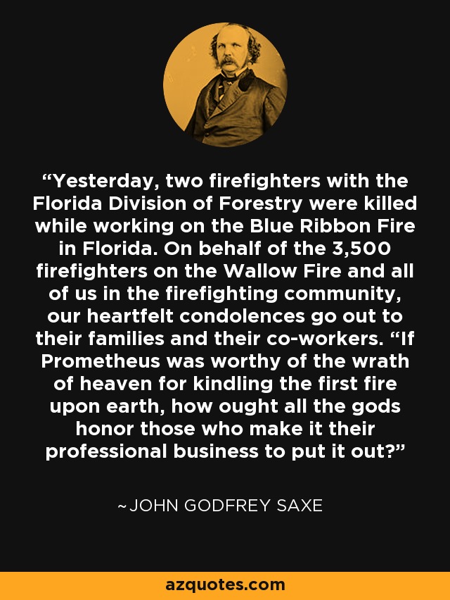 Yesterday, two firefighters with the Florida Division of Forestry were killed while working on the Blue Ribbon Fire in Florida. On behalf of the 3,500 firefighters on the Wallow Fire and all of us in the firefighting community, our heartfelt condolences go out to their families and their co-workers. “If Prometheus was worthy of the wrath of heaven for kindling the first fire upon earth, how ought all the gods honor those who make it their professional business to put it out? - John Godfrey Saxe