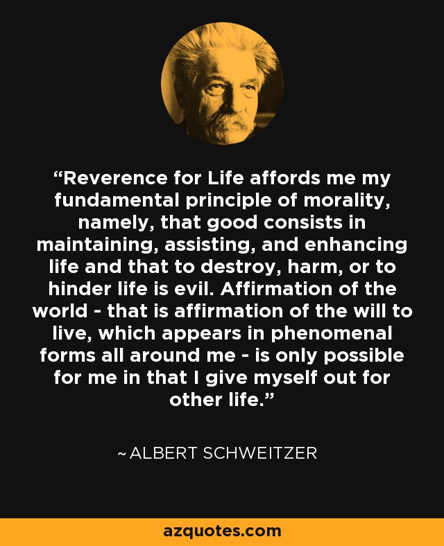 Reverence for Life affords me my fundamental principle of morality, namely, that good consists in maintaining, assisting, and enhancing life and that to destroy, harm, or to hinder life is evil. Affirmation of the world - that is affirmation of the will to live, which appears in phenomenal forms all around me - is only possible for me in that I give myself out for other life. - Albert Schweitzer