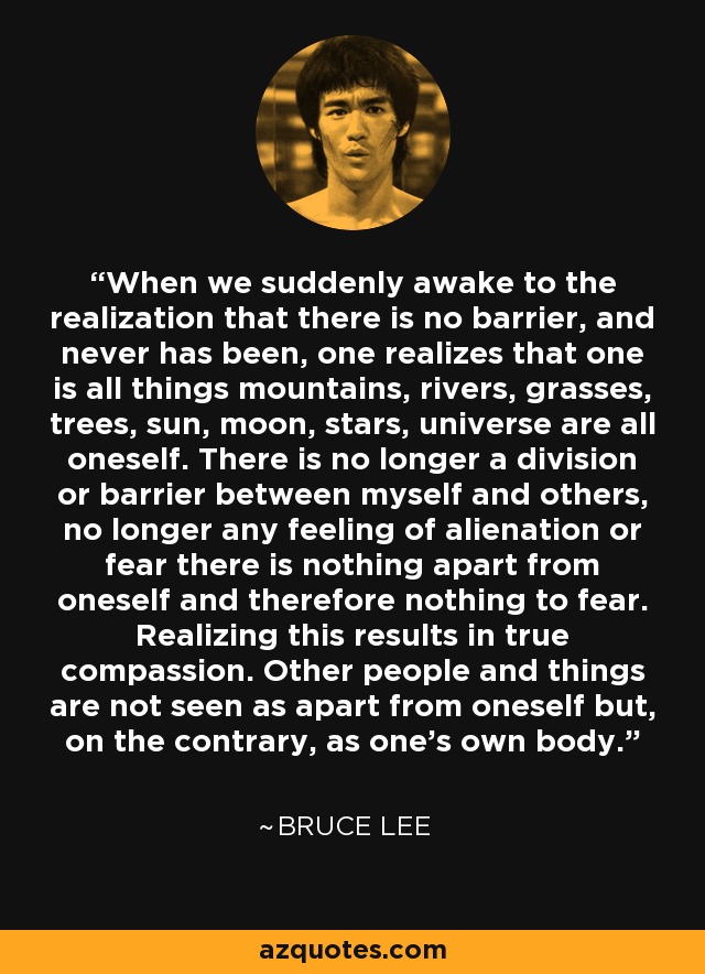 When we suddenly awake to the realization that there is no barrier, and never has been, one realizes that one is all things mountains, rivers, grasses, trees, sun, moon, stars, universe are all oneself. There is no longer a division or barrier between myself and others, no longer any feeling of alienation or fear there is nothing apart from oneself and therefore nothing to fear. Realizing this results in true compassion. Other people and things are not seen as apart from oneself but, on the contrary, as one's own body. - Bruce Lee