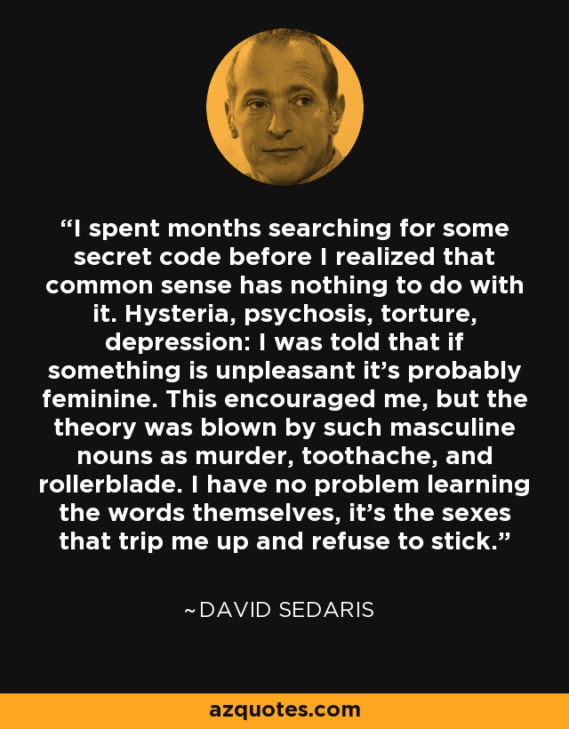 I spent months searching for some secret code before I realized that common sense has nothing to do with it. Hysteria, psychosis, torture, depression: I was told that if something is unpleasant it's probably feminine. This encouraged me, but the theory was blown by such masculine nouns as murder, toothache, and rollerblade. I have no problem learning the words themselves, it's the sexes that trip me up and refuse to stick. - David Sedaris