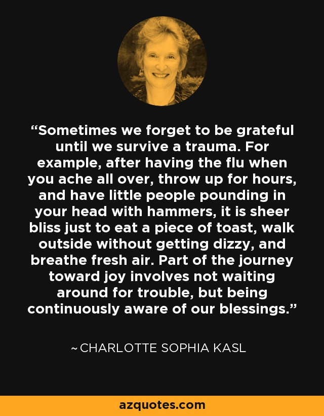 Sometimes we forget to be grateful until we survive a trauma. For example, after having the flu when you ache all over, throw up for hours, and have little people pounding in your head with hammers, it is sheer bliss just to eat a piece of toast, walk outside without getting dizzy, and breathe fresh air. Part of the journey toward joy involves not waiting around for trouble, but being continuously aware of our blessings. - Charlotte Sophia Kasl