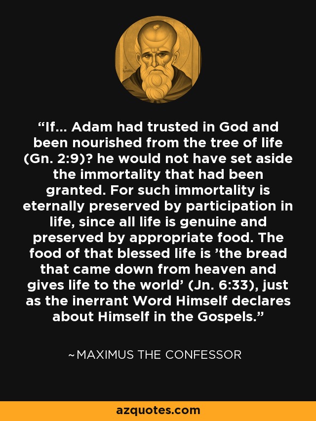 If... Adam had trusted in God and been nourished from the tree of life (Gn. 2:9)? he would not have set aside the immortality that had been granted. For such immortality is eternally preserved by participation in life, since all life is genuine and preserved by appropriate food. The food of that blessed life is 'the bread that came down from heaven and gives life to the world' (Jn. 6:33), just as the inerrant Word Himself declares about Himself in the Gospels. - Maximus the Confessor