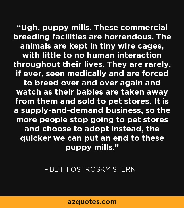 Ugh, puppy mills. These commercial breeding facilities are horrendous. The animals are kept in tiny wire cages, with little to no human interaction throughout their lives. They are rarely, if ever, seen medically and are forced to breed over and over again and watch as their babies are taken away from them and sold to pet stores. It is a supply-and-demand business, so the more people stop going to pet stores and choose to adopt instead, the quicker we can put an end to these puppy mills. - Beth Ostrosky Stern