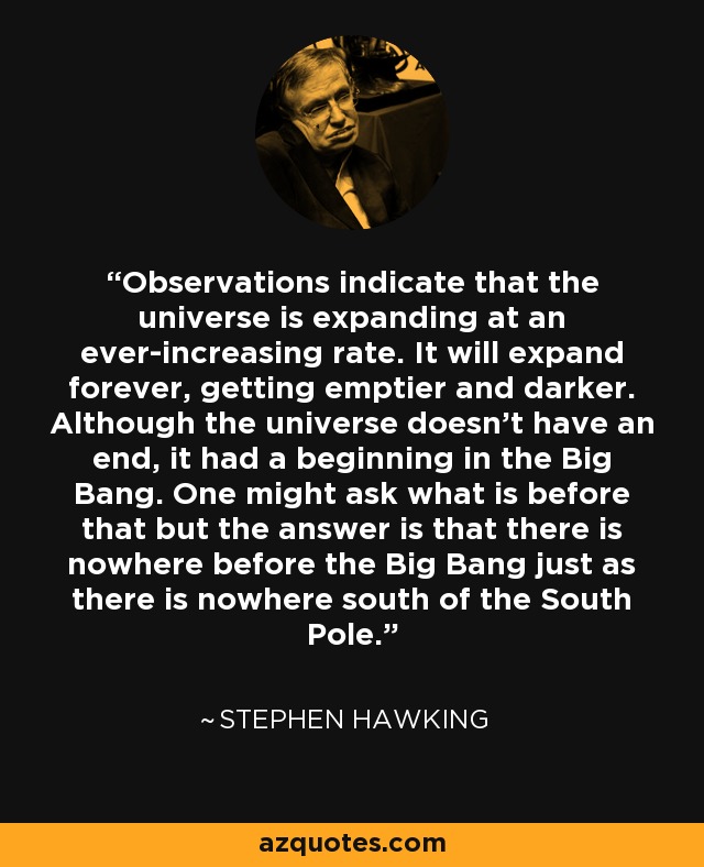 Observations indicate that the universe is expanding at an ever-increasing rate. It will expand forever, getting emptier and darker. Although the universe doesn’t have an end, it had a beginning in the Big Bang. One might ask what is before that but the answer is that there is nowhere before the Big Bang just as there is nowhere south of the South Pole. - Stephen Hawking