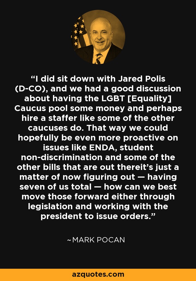 I did sit down with Jared Polis (D-CO), and we had a good discussion about having the LGBT [Equality] Caucus pool some money and perhaps hire a staffer like some of the other caucuses do. That way we could hopefully be even more proactive on issues like ENDA, student non-discrimination and some of the other bills that are out thereit’s just a matter of now figuring out — having seven of us total — how can we best move those forward either through legislation and working with the president to issue orders. - Mark Pocan