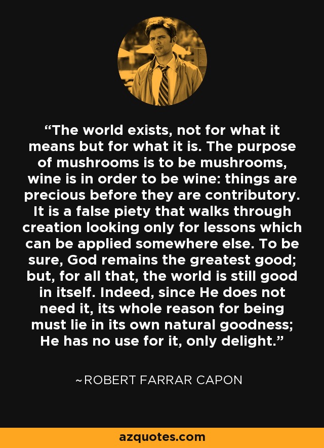 The world exists, not for what it means but for what it is. The purpose of mushrooms is to be mushrooms, wine is in order to be wine: things are precious before they are contributory. It is a false piety that walks through creation looking only for lessons which can be applied somewhere else. To be sure, God remains the greatest good; but, for all that, the world is still good in itself. Indeed, since He does not need it, its whole reason for being must lie in its own natural goodness; He has no use for it, only delight. - Robert Farrar Capon