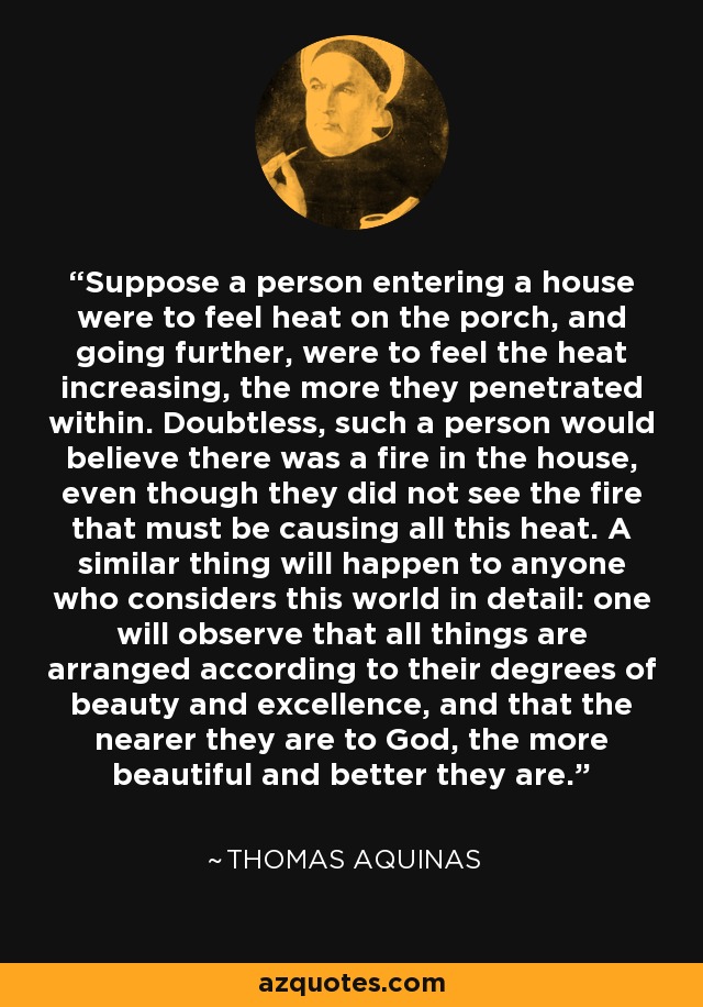 Suppose a person entering a house were to feel heat on the porch, and going further, were to feel the heat increasing, the more they penetrated within. Doubtless, such a person would believe there was a fire in the house, even though they did not see the fire that must be causing all this heat. A similar thing will happen to anyone who considers this world in detail: one will observe that all things are arranged according to their degrees of beauty and excellence, and that the nearer they are to God, the more beautiful and better they are. - Thomas Aquinas