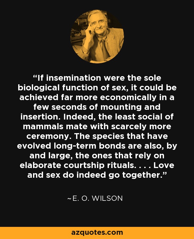 If insemination were the sole biological function of sex, it could be achieved far more economically in a few seconds of mounting and insertion. Indeed, the least social of mammals mate with scarcely more ceremony. The species that have evolved long-term bonds are also, by and large, the ones that rely on elaborate courtship rituals. . . . Love and sex do indeed go together. - E. O. Wilson