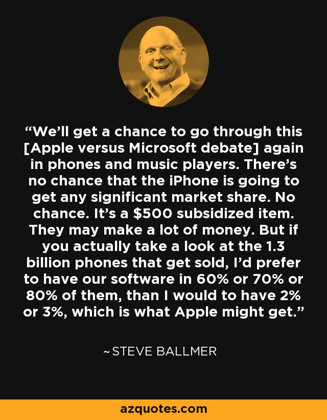 We'll get a chance to go through this [Apple versus Microsoft debate] again in phones and music players. There's no chance that the iPhone is going to get any significant market share. No chance. It's a $500 subsidized item. They may make a lot of money. But if you actually take a look at the 1.3 billion phones that get sold, I'd prefer to have our software in 60% or 70% or 80% of them, than I would to have 2% or 3%, which is what Apple might get. - Steve Ballmer