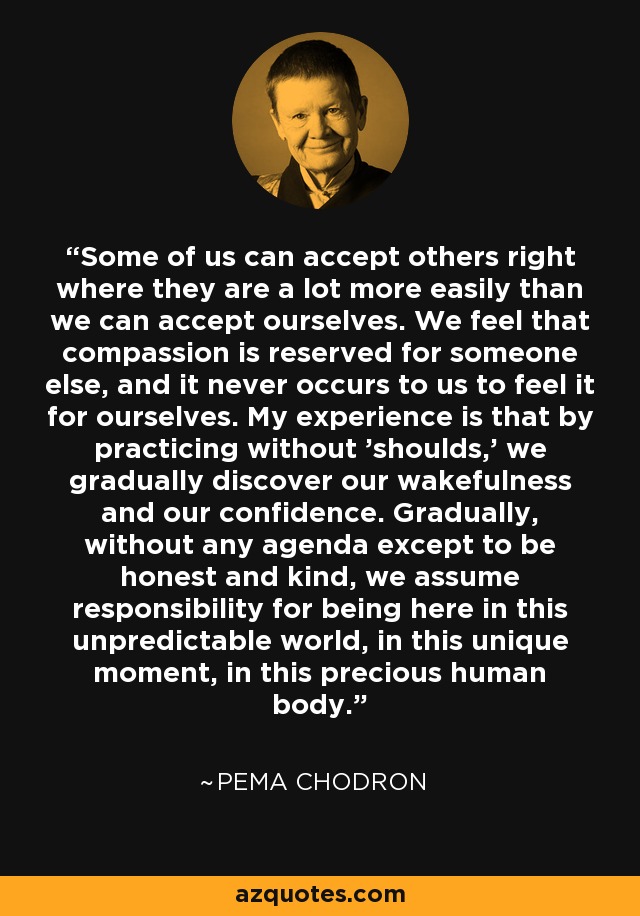 Some of us can accept others right where they are a lot more easily than we can accept ourselves. We feel that compassion is reserved for someone else, and it never occurs to us to feel it for ourselves. My experience is that by practicing without 'shoulds,' we gradually discover our wakefulness and our confidence. Gradually, without any agenda except to be honest and kind, we assume responsibility for being here in this unpredictable world, in this unique moment, in this precious human body. - Pema Chodron