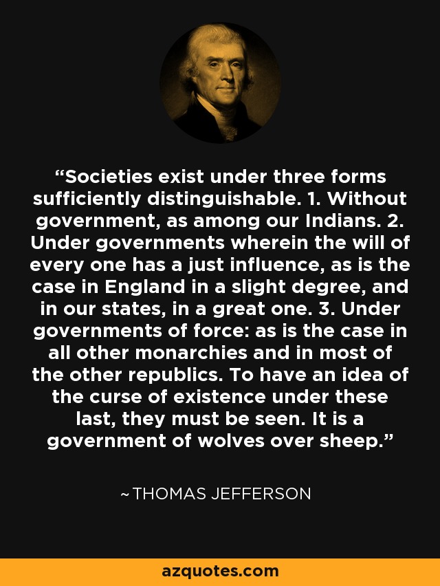 Societies exist under three forms sufficiently distinguishable. 1. Without government, as among our Indians. 2. Under governments wherein the will of every one has a just influence, as is the case in England in a slight degree, and in our states, in a great one. 3. Under governments of force: as is the case in all other monarchies and in most of the other republics. To have an idea of the curse of existence under these last, they must be seen. It is a government of wolves over sheep. - Thomas Jefferson