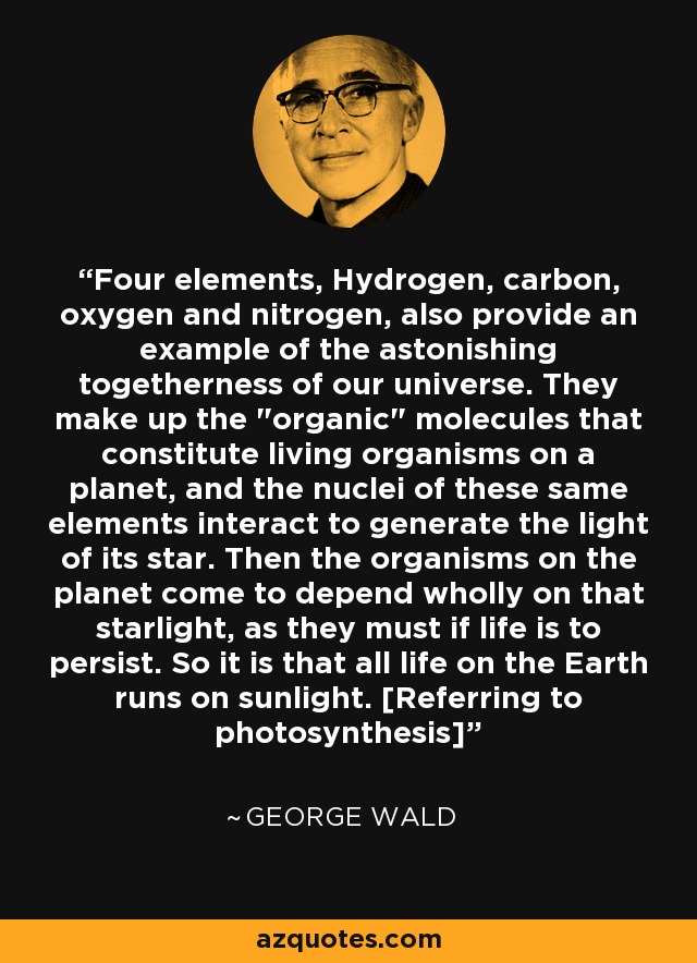 Four elements, Hydrogen, carbon, oxygen and nitrogen, also provide an example of the astonishing togetherness of our universe. They make up the 