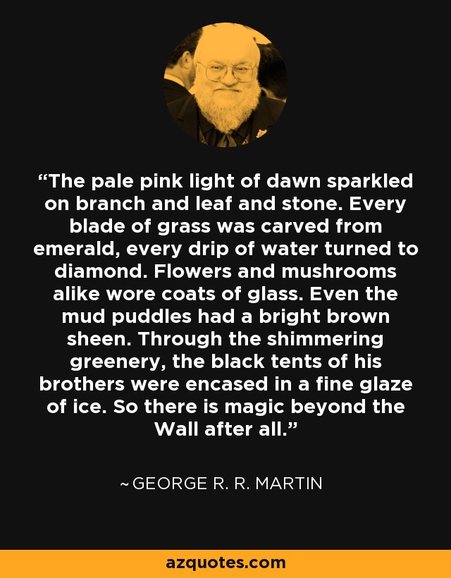The pale pink light of dawn sparkled on branch and leaf and stone. Every blade of grass was carved from emerald, every drip of water turned to diamond. Flowers and mushrooms alike wore coats of glass. Even the mud puddles had a bright brown sheen. Through the shimmering greenery, the black tents of his brothers were encased in a fine glaze of ice. So there is magic beyond the Wall after all. - George R. R. Martin