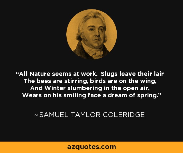 All Nature seems at work. Slugs leave their lair The bees are stirring, birds are on the wing, And Winter slumbering in the open air, Wears on his smiling face a dream of spring. - Samuel Taylor Coleridge