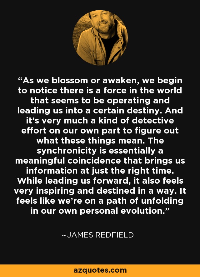 As we blossom or awaken, we begin to notice there is a force in the world that seems to be operating and leading us into a certain destiny. And it's very much a kind of detective effort on our own part to figure out what these things mean. The synchronicity is essentially a meaningful coincidence that brings us information at just the right time. While leading us forward, it also feels very inspiring and destined in a way. It feels like we're on a path of unfolding in our own personal evolution. - James Redfield