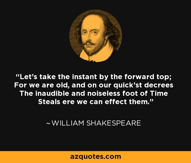 Let's take the instant by the forward top; For we are old, and on our quick'st decrees The inaudible and noiseless foot of Time Steals ere we can effect them. - William Shakespeare