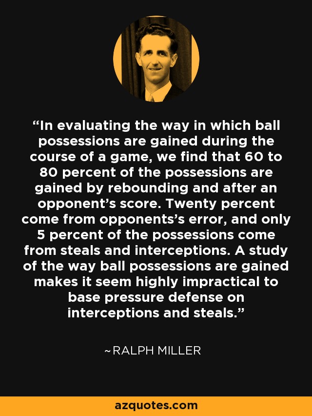 In evaluating the way in which ball possessions are gained during the course of a game, we find that 60 to 80 percent of the possessions are gained by rebounding and after an opponent's score. Twenty percent come from opponents's error, and only 5 percent of the possessions come from steals and interceptions. A study of the way ball possessions are gained makes it seem highly impractical to base pressure defense on interceptions and steals. - Ralph Miller