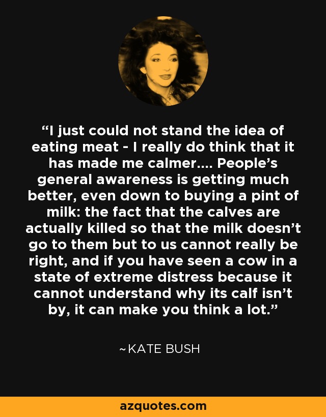 I just could not stand the idea of eating meat - I really do think that it has made me calmer.... People's general awareness is getting much better, even down to buying a pint of milk: the fact that the calves are actually killed so that the milk doesn't go to them but to us cannot really be right, and if you have seen a cow in a state of extreme distress because it cannot understand why its calf isn't by, it can make you think a lot. - Kate Bush