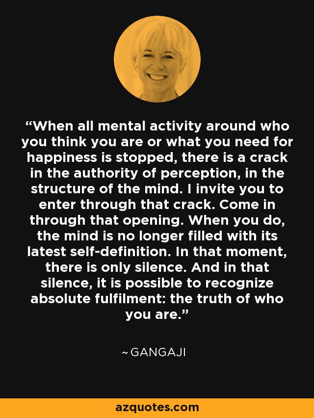 When all mental activity around who you think you are or what you need for happiness is stopped, there is a crack in the authority of perception, in the structure of the mind. I invite you to enter through that crack. Come in through that opening. When you do, the mind is no longer filled with its latest self-definition. In that moment, there is only silence. And in that silence, it is possible to recognize absolute fulfilment: the truth of who you are. - Gangaji