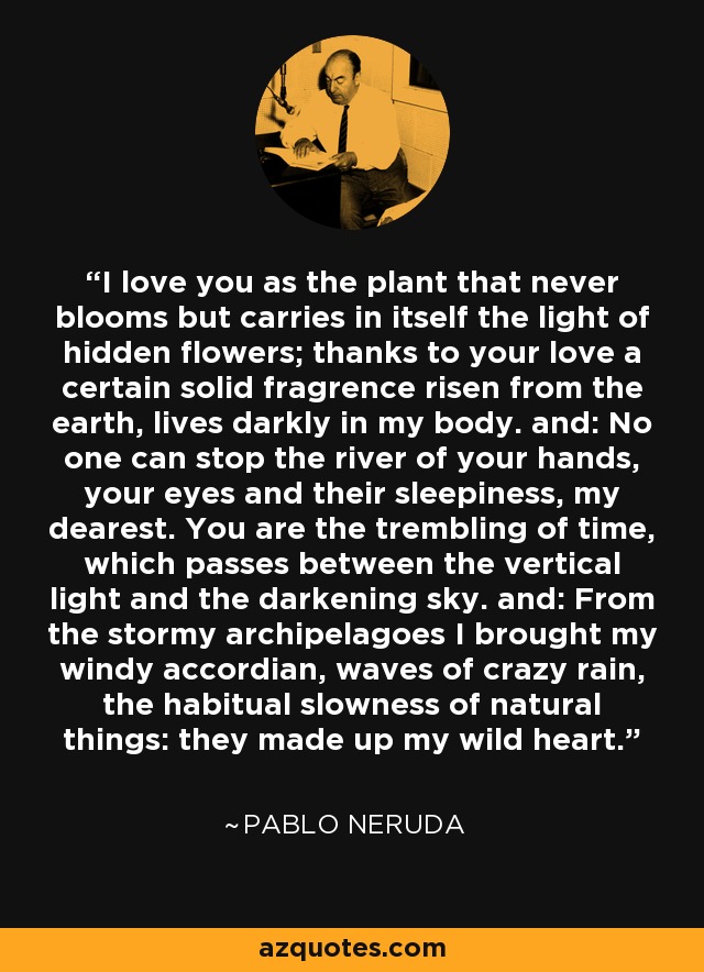 I love you as the plant that never blooms but carries in itself the light of hidden flowers; thanks to your love a certain solid fragrence risen from the earth, lives darkly in my body. and: No one can stop the river of your hands, your eyes and their sleepiness, my dearest. You are the trembling of time, which passes between the vertical light and the darkening sky. and: From the stormy archipelagoes I brought my windy accordian, waves of crazy rain, the habitual slowness of natural things: they made up my wild heart. - Pablo Neruda