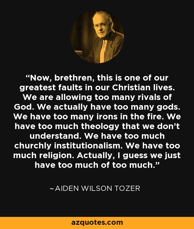 Now, brethren, this is one of our greatest faults in our Christian lives. We are allowing too many rivals of God. We actually have too many gods. We have too many irons in the fire. We have too much theology that we don't understand. We have too much churchly institutionalism. We have too much religion. Actually, I guess we just have too much of too much. - Aiden Wilson Tozer