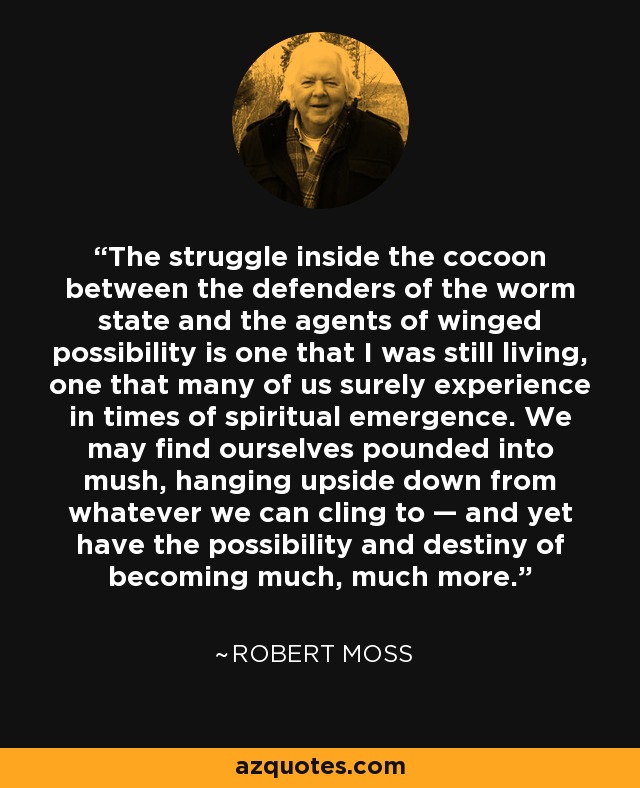 The struggle inside the cocoon between the defenders of the worm state and the agents of winged possibility is one that I was still living, one that many of us surely experience in times of spiritual emergence. We may find ourselves pounded into mush, hanging upside down from whatever we can cling to — and yet have the possibility and destiny of becoming much, much more. - Robert Moss