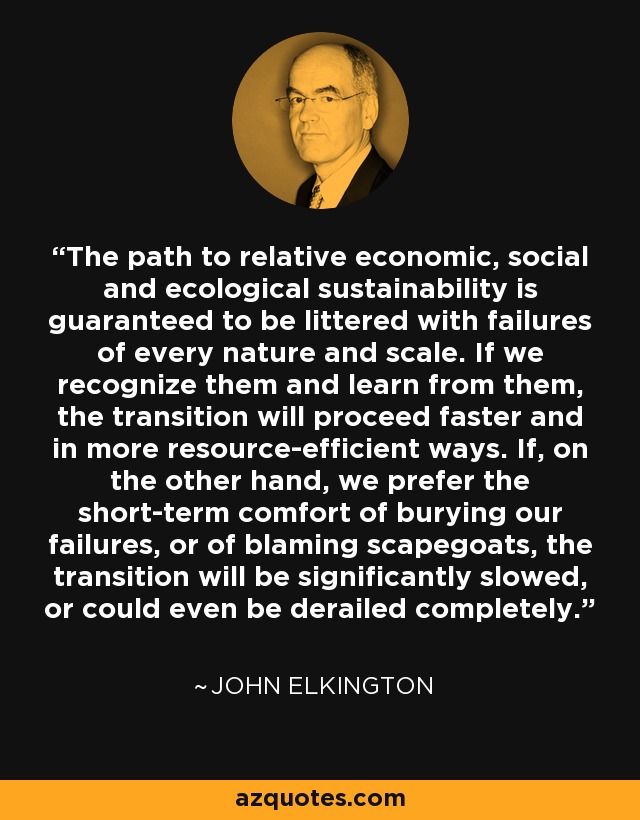 The path to relative economic, social and ecological sustainability is guaranteed to be littered with failures of every nature and scale. If we recognize them and learn from them, the transition will proceed faster and in more resource-efficient ways. If, on the other hand, we prefer the short-term comfort of burying our failures, or of blaming scapegoats, the transition will be significantly slowed, or could even be derailed completely. - John Elkington