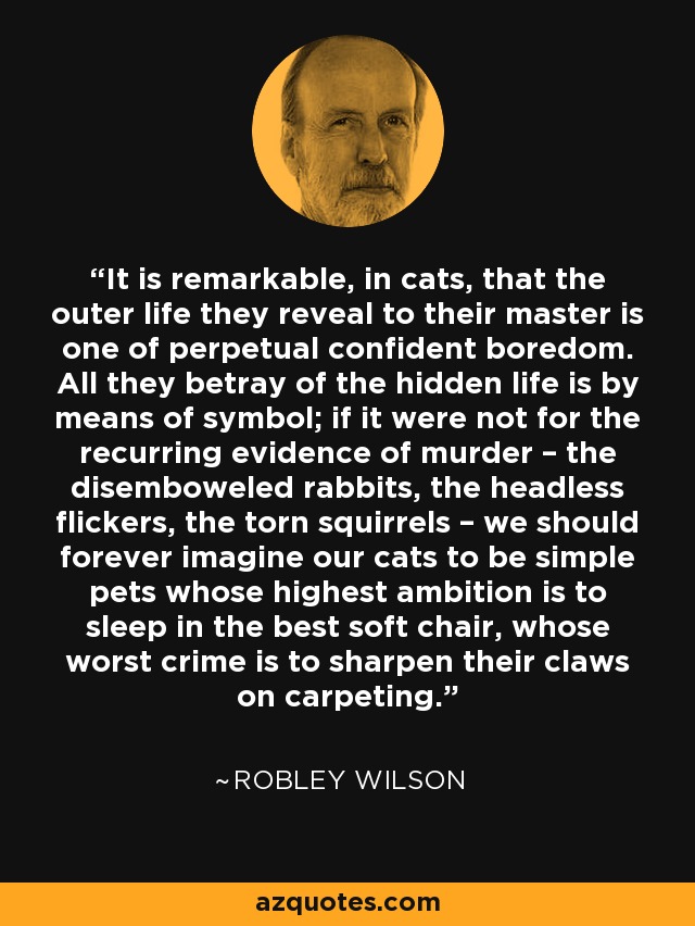 It is remarkable, in cats, that the outer life they reveal to their master is one of perpetual confident boredom. All they betray of the hidden life is by means of symbol; if it were not for the recurring evidence of murder – the disemboweled rabbits, the headless flickers, the torn squirrels – we should forever imagine our cats to be simple pets whose highest ambition is to sleep in the best soft chair, whose worst crime is to sharpen their claws on carpeting. - Robley Wilson