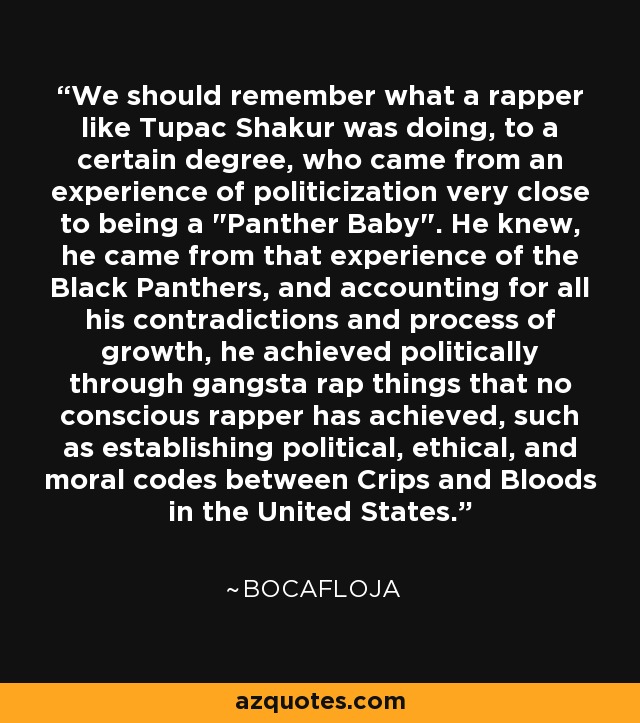 We should remember what a rapper like Tupac Shakur was doing, to a certain degree, who came from an experience of politicization very close to being a 