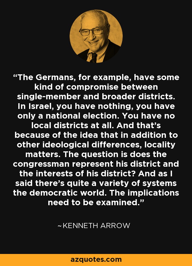 The Germans, for example, have some kind of compromise between single-member and broader districts. In Israel, you have nothing, you have only a national election. You have no local districts at all. And that's because of the idea that in addition to other ideological differences, locality matters. The question is does the congressman represent his district and the interests of his district? And as I said there's quite a variety of systems the democratic world. The implications need to be examined. - Kenneth Arrow