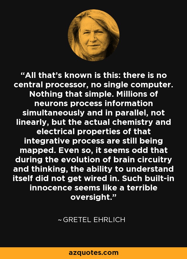 All that's known is this: there is no central processor, no single computer. Nothing that simple. Millions of neurons process information simultaneously and in parallel, not linearly, but the actual chemistry and electrical properties of that integrative process are still being mapped. Even so, it seems odd that during the evolution of brain circuitry and thinking, the ability to understand itself did not get wired in. Such built-in innocence seems like a terrible oversight. - Gretel Ehrlich