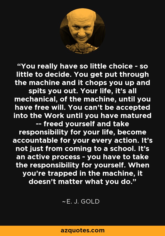 You really have so little choice - so little to decide. You get put through the machine and it chops you up and spits you out. Your life, it's all mechanical, of the machine, until you have free will. You can't be accepted into the Work until you have matured -- freed yourself and take responsibility for your life, become accountable for your every action. It's not just from coming to a school. It's an active process - you have to take the responsibility for yourself. When you're trapped in the machine, it doesn't matter what you do. - E. J. Gold