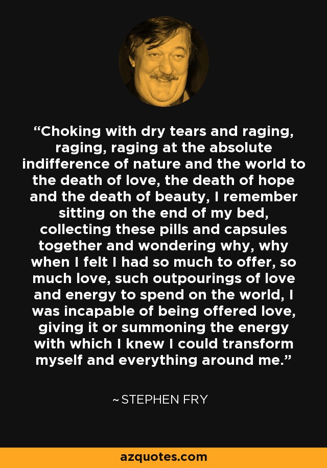 Choking with dry tears and raging, raging, raging at the absolute indifference of nature and the world to the death of love, the death of hope and the death of beauty, I remember sitting on the end of my bed, collecting these pills and capsules together and wondering why, why when I felt I had so much to offer, so much love, such outpourings of love and energy to spend on the world, I was incapable of being offered love, giving it or summoning the energy with which I knew I could transform myself and everything around me. - Stephen Fry