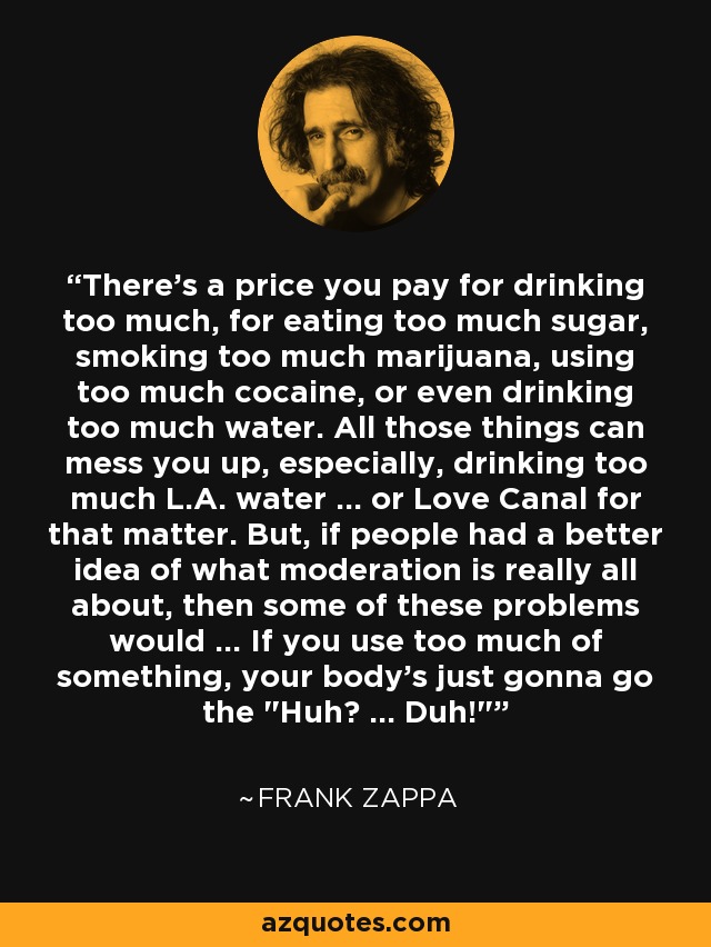 There's a price you pay for drinking too much, for eating too much sugar, smoking too much marijuana, using too much cocaine, or even drinking too much water. All those things can mess you up, especially, drinking too much L.A. water ... or Love Canal for that matter. But, if people had a better idea of what moderation is really all about, then some of these problems would ... If you use too much of something, your body's just gonna go the 