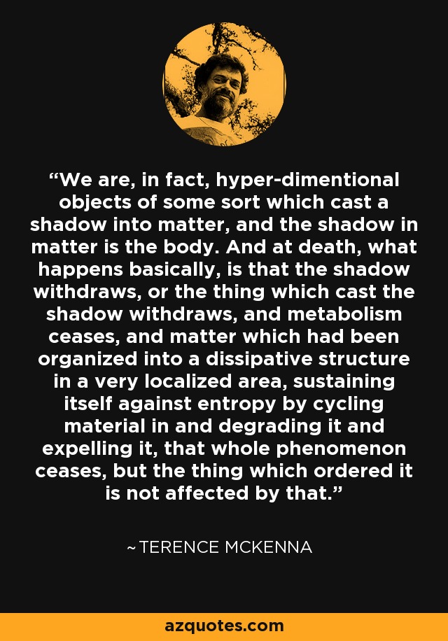 We are, in fact, hyper-dimentional objects of some sort which cast a shadow into matter, and the shadow in matter is the body. And at death, what happens basically, is that the shadow withdraws, or the thing which cast the shadow withdraws, and metabolism ceases, and matter which had been organized into a dissipative structure in a very localized area, sustaining itself against entropy by cycling material in and degrading it and expelling it, that whole phenomenon ceases, but the thing which ordered it is not affected by that. - Terence McKenna