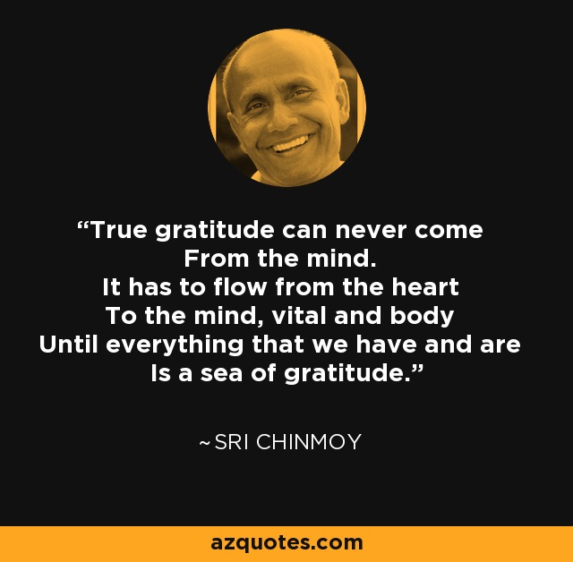 True gratitude can never come From the mind. It has to flow from the heart To the mind, vital and body Until everything that we have and are Is a sea of gratitude. - Sri Chinmoy