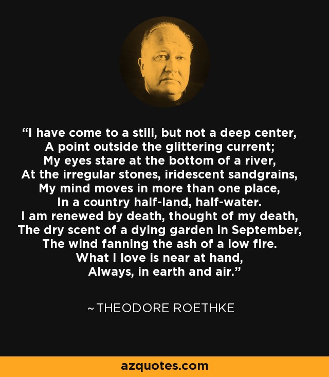 I have come to a still, but not a deep center, A point outside the glittering current; My eyes stare at the bottom of a river, At the irregular stones, iridescent sandgrains, My mind moves in more than one place, In a country half-land, half-water. I am renewed by death, thought of my death, The dry scent of a dying garden in September, The wind fanning the ash of a low fire. What I love is near at hand, Always, in earth and air. - Theodore Roethke