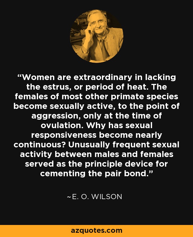 Women are extraordinary in lacking the estrus, or period of heat. The females of most other primate species become sexually active, to the point of aggression, only at the time of ovulation. Why has sexual responsiveness become nearly continuous? Unusually frequent sexual activity between males and females served as the principle device for cementing the pair bond. - E. O. Wilson