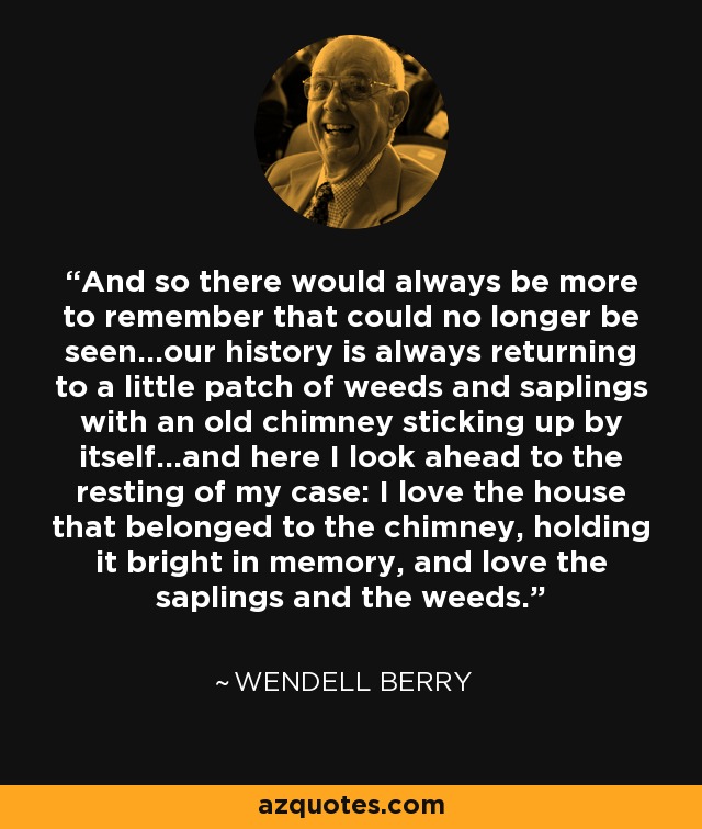 And so there would always be more to remember that could no longer be seen...our history is always returning to a little patch of weeds and saplings with an old chimney sticking up by itself...and here I look ahead to the resting of my case: I love the house that belonged to the chimney, holding it bright in memory, and love the saplings and the weeds. - Wendell Berry