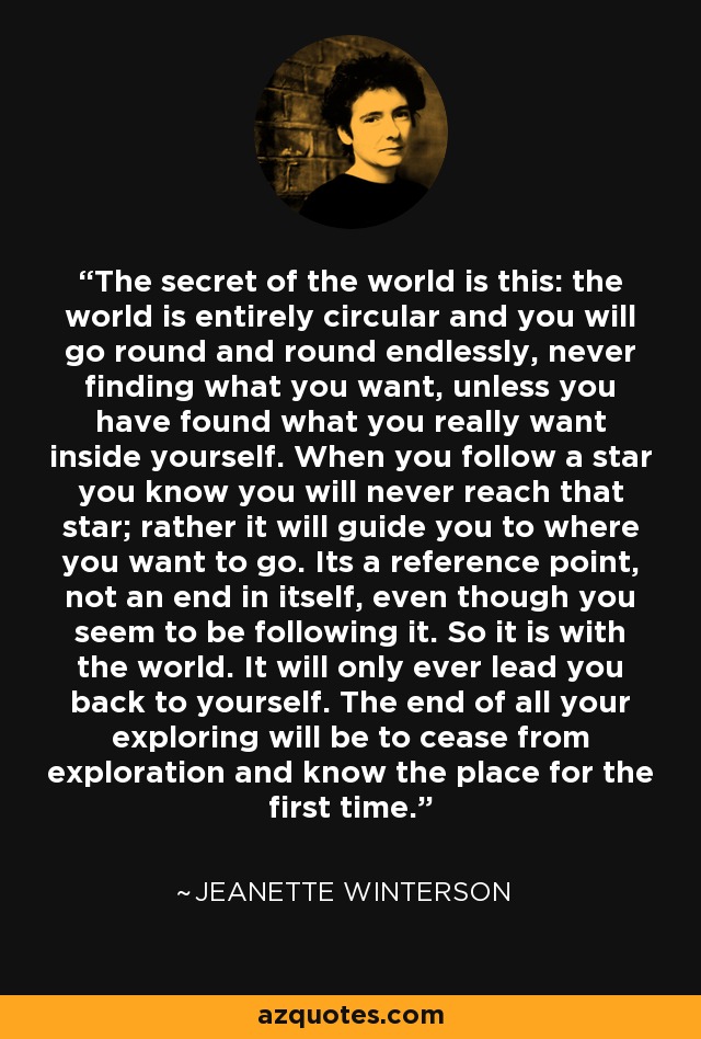 The secret of the world is this: the world is entirely circular and you will go round and round endlessly, never finding what you want, unless you have found what you really want inside yourself. When you follow a star you know you will never reach that star; rather it will guide you to where you want to go. Its a reference point, not an end in itself, even though you seem to be following it. So it is with the world. It will only ever lead you back to yourself. The end of all your exploring will be to cease from exploration and know the place for the first time. - Jeanette Winterson