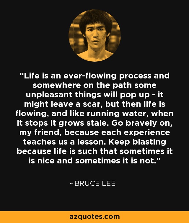 Life is an ever-flowing process and somewhere on the path some unpleasant things will pop up - it might leave a scar, but then life is flowing, and like running water, when it stops it grows stale. Go bravely on, my friend, because each experience teaches us a lesson. Keep blasting because life is such that sometimes it is nice and sometimes it is not. - Bruce Lee