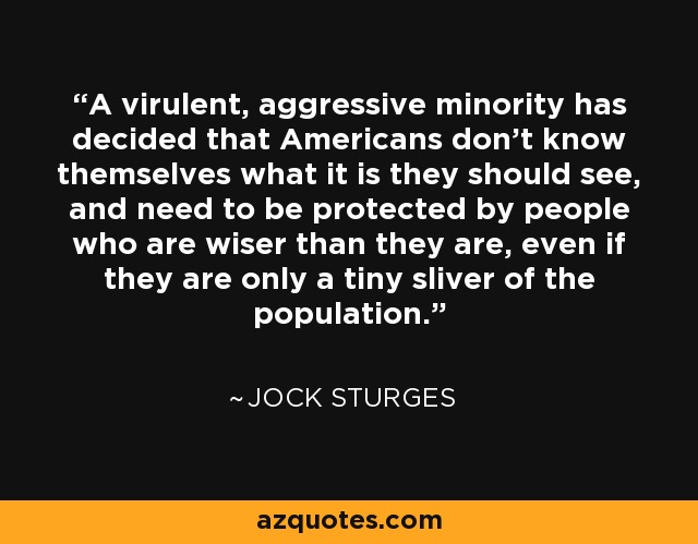 A virulent, aggressive minority has decided that Americans don’t know themselves what it is they should see, and need to be protected by people who are wiser than they are, even if they are only a tiny sliver of the population. - Jock Sturges