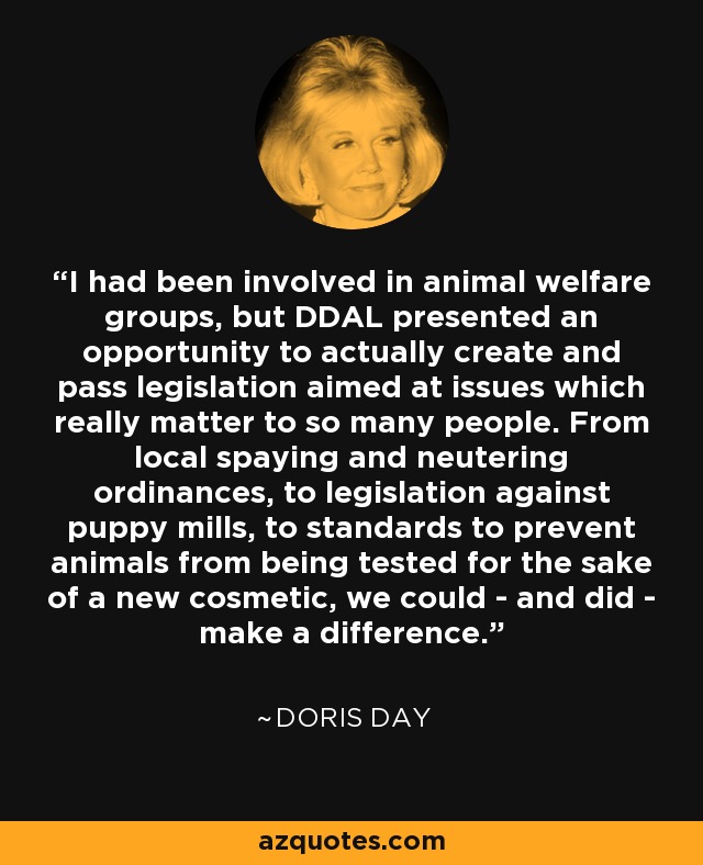 I had been involved in animal welfare groups, but DDAL presented an opportunity to actually create and pass legislation aimed at issues which really matter to so many people. From local spaying and neutering ordinances, to legislation against puppy mills, to standards to prevent animals from being tested for the sake of a new cosmetic, we could - and did - make a difference. - Doris Day