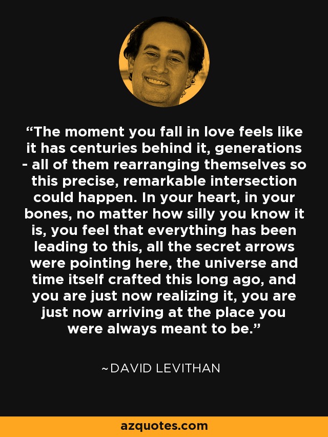 The moment you fall in love feels like it has centuries behind it, generations - all of them rearranging themselves so this precise, remarkable intersection could happen. In your heart, in your bones, no matter how silly you know it is, you feel that everything has been leading to this, all the secret arrows were pointing here, the universe and time itself crafted this long ago, and you are just now realizing it, you are just now arriving at the place you were always meant to be. - David Levithan