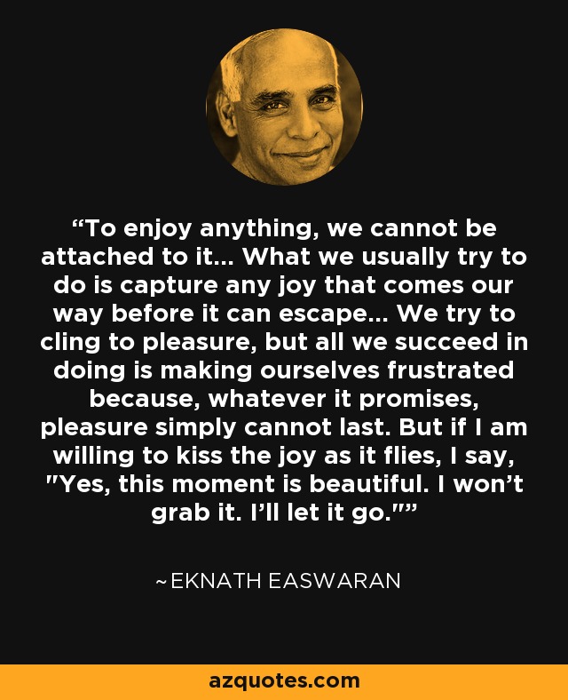 To enjoy anything, we cannot be attached to it... What we usually try to do is capture any joy that comes our way before it can escape... We try to cling to pleasure, but all we succeed in doing is making ourselves frustrated because, whatever it promises, pleasure simply cannot last. But if I am willing to kiss the joy as it flies, I say, 