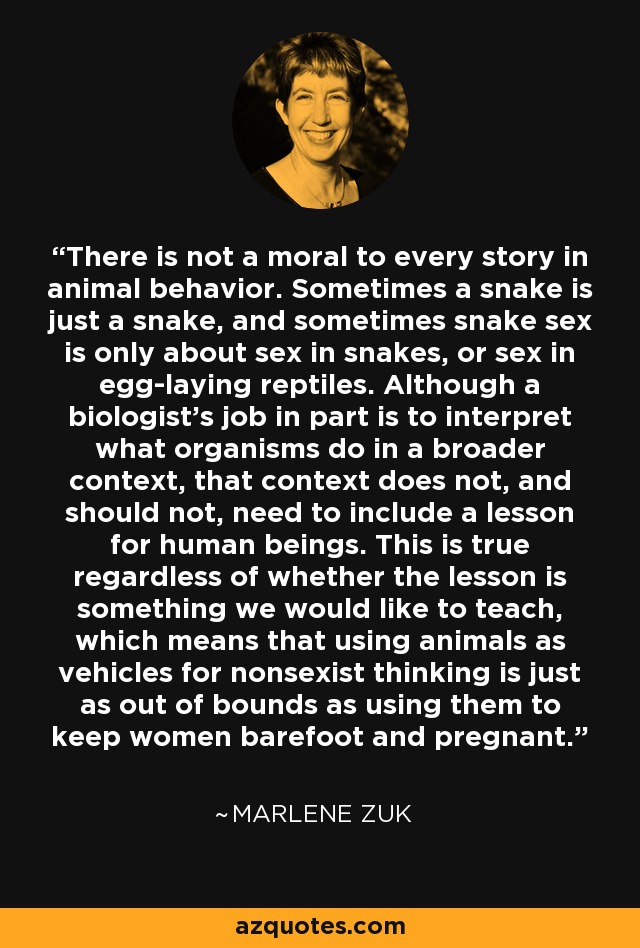 There is not a moral to every story in animal behavior. Sometimes a snake is just a snake, and sometimes snake sex is only about sex in snakes, or sex in egg-laying reptiles. Although a biologist's job in part is to interpret what organisms do in a broader context, that context does not, and should not, need to include a lesson for human beings. This is true regardless of whether the lesson is something we would like to teach, which means that using animals as vehicles for nonsexist thinking is just as out of bounds as using them to keep women barefoot and pregnant. - Marlene Zuk