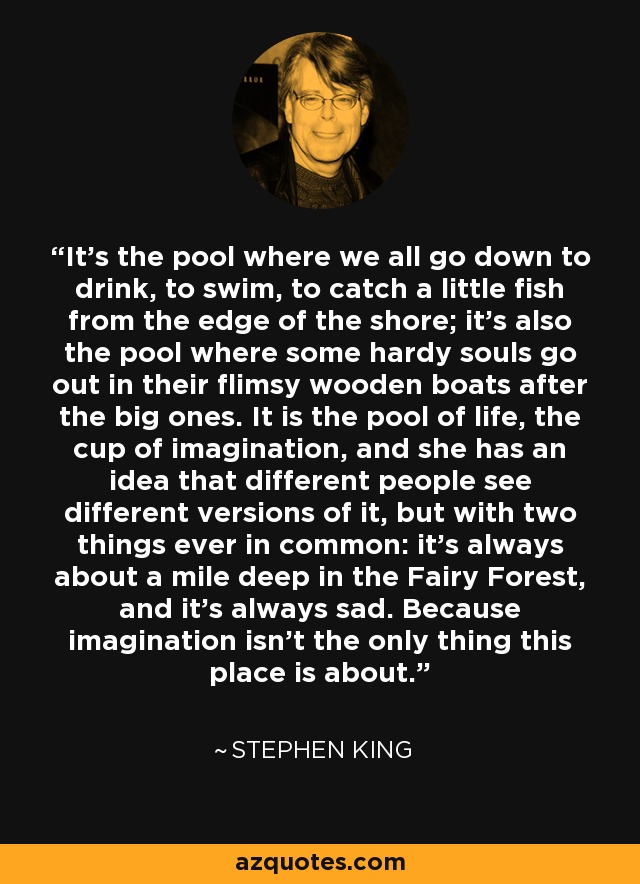 It's the pool where we all go down to drink, to swim, to catch a little fish from the edge of the shore; it's also the pool where some hardy souls go out in their flimsy wooden boats after the big ones. It is the pool of life, the cup of imagination, and she has an idea that different people see different versions of it, but with two things ever in common: it's always about a mile deep in the Fairy Forest, and it's always sad. Because imagination isn't the only thing this place is about. - Stephen King