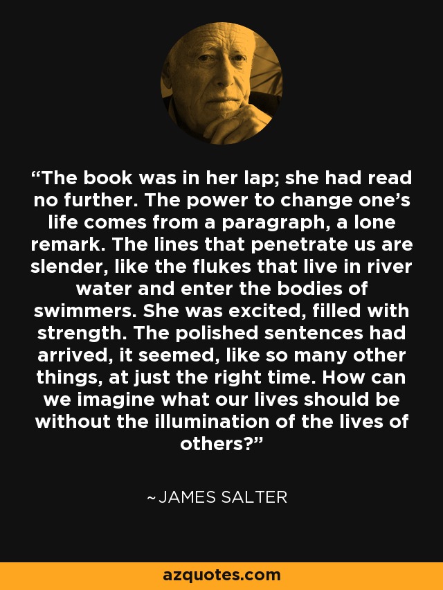 The book was in her lap; she had read no further. The power to change one’s life comes from a paragraph, a lone remark. The lines that penetrate us are slender, like the flukes that live in river water and enter the bodies of swimmers. She was excited, filled with strength. The polished sentences had arrived, it seemed, like so many other things, at just the right time. How can we imagine what our lives should be without the illumination of the lives of others? - James Salter