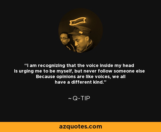 I am recognizing that the voice inside my head Is urging me to be myself, but never follow someone else Because opinions are like voices, we all have a different kind. - Q-Tip